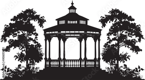 Silhouette of a gazebo surrounded by trees and ornamental plants in a tranquil garden setting.