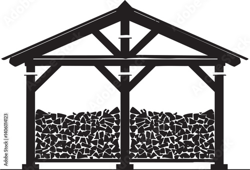 A silhouette of a wooden shed designed for storing stacked firewood outdoors.
