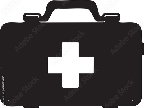 A simple illustration of a first aid kit with a prominent cross symbol for medical care.