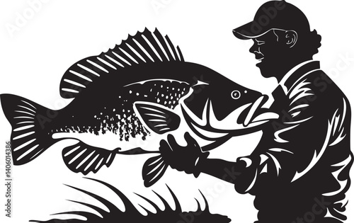 A silhouette of an angler proudly holding a large bass fish in the outdoors.