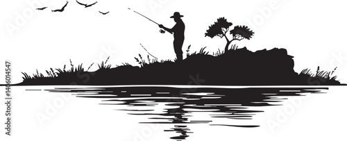A silhouette of a fisherman casting a line from an island with reflections on water.