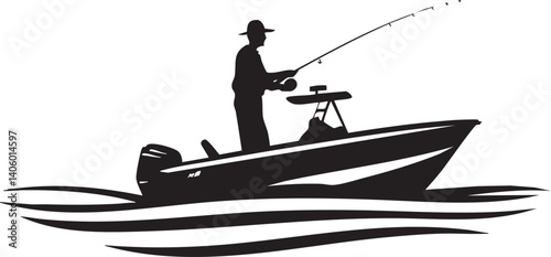 A silhouette of a fisherman casting a line from a boat on calm waters.
