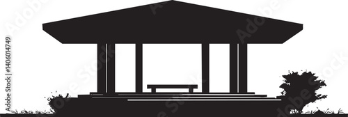 Silhouette of a modern outdoor pavilion with a bench set in a tranquil landscape.