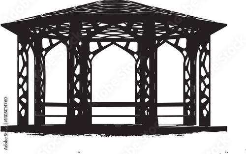 A decorative gazebo structure in a park setting ideal for outdoor gatherings and relaxation.
