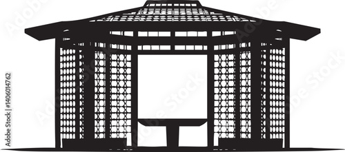 A minimalist black and white illustration of a gazebo featuring a hexagonal design.