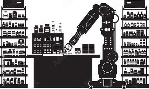 An illustration of a robotic arm working in an automated warehouse environment for inventory management.