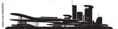 A striking black silhouette of a modern city skyline featuring diverse architectural designs.