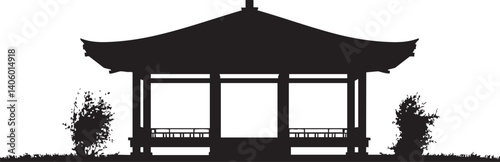 A silhouette of a traditional pavilion set in a serene outdoor environment.