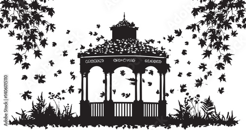 A decorative silhouette of a gazebo surrounded by falling leaves and lush foliage.