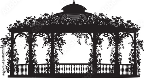A decorative gazebo silhouette surrounded by climbing vines in a serene outdoor setting.