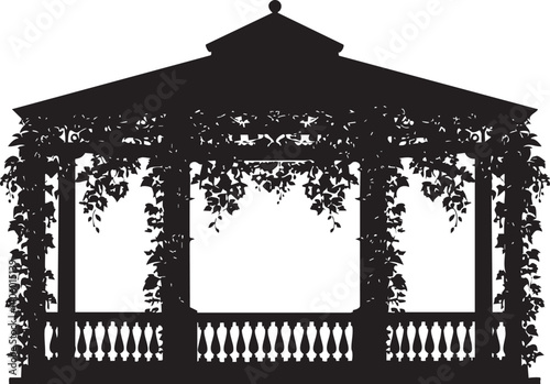 A decorative silhouette of a gazebo surrounded by lush vines and plants, ideal for gardens.