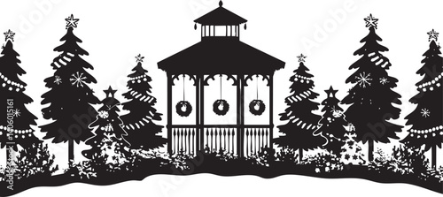 A decorative silhouette of a gazebo surrounded by winter trees adorned with Christmas decorations.