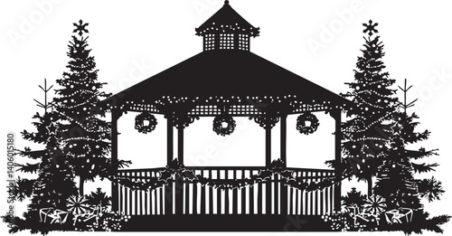 A beautifully decorated gazebo surrounded by snow-covered trees, perfect for holiday celebrations.