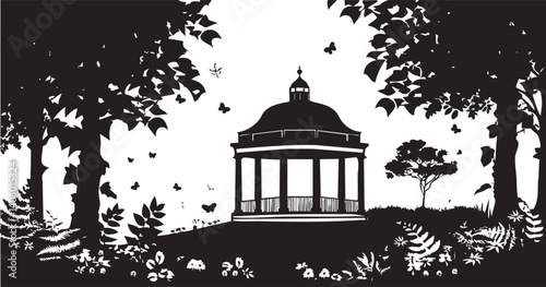 A beautiful silhouette of a gazebo surrounded by trees and flowers in a tranquil park setting.