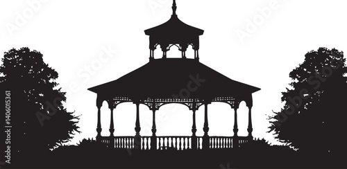 A detailed silhouette of a classic gazebo surrounded by trees and a serene landscape.