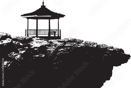 Silhouette of a pavilion on a cliff overlooking the ocean creating a serene landscape.