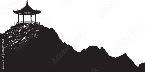 A silhouette of a traditional pagoda on a mountain peak against a serene background.