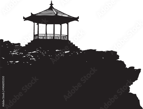 Silhouette of a traditional pavilion on a cliff against a minimalist background.