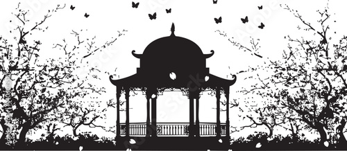 A decorative silhouette of a gazebo surrounded by trees and butterflies illustrating nature's beauty.