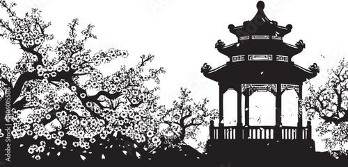 A beautiful silhouette of a pagoda surrounded by cherry blossom trees in a tranquil setting.