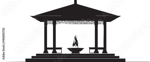 A minimalist black silhouette of a traditional pavilion with a central fire feature.