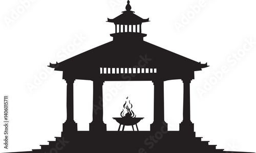 A silhouette of a traditional pavilion with a central fire pit, ideal for cultural and architectural themes.