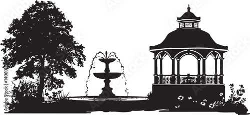 Silhouette of a gazebo and fountain surrounded by trees in a tranquil park setting