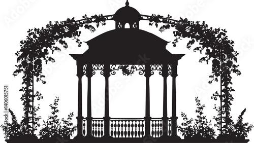 A decorative silhouette of a gazebo surrounded by lush foliage and floral elements.
