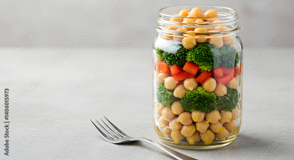 Layered chickpea and veggie salad in jar, balanced vegetarian meal Layered chickpea and veggie salad in jar, balanced vegetarian meal