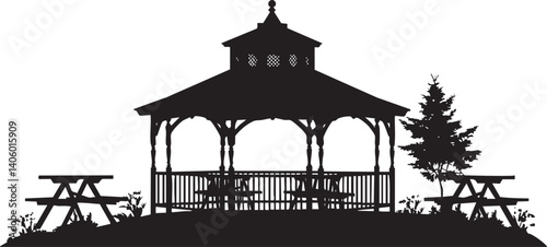 A beautiful silhouette of a gazebo surrounded by picnic tables and trees in a park setting.