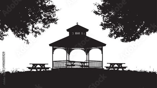 A serene silhouette of a gazebo surrounded by trees in a tranquil park setting.
