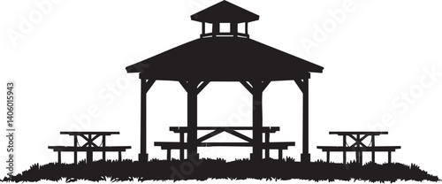 A silhouette of a pavilion with picnic tables in an outdoor park setting.