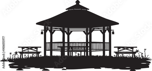 Silhouette of a gazebo surrounded by plants and benches in a garden setting.