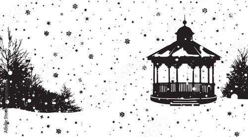 A serene winter scene featuring a gazebo surrounded by snow-covered trees and falling snowflakes.