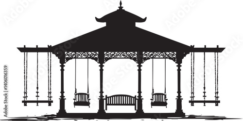 A silhouette of a traditional gazebo with swings and a bench in a serene outdoor setting.