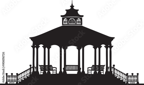 A detailed silhouette of a decorative gazebo with ornate features set against a white background.
