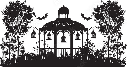 A detailed silhouette of a gazebo surrounded by trees and pumpkins with bats flying above.