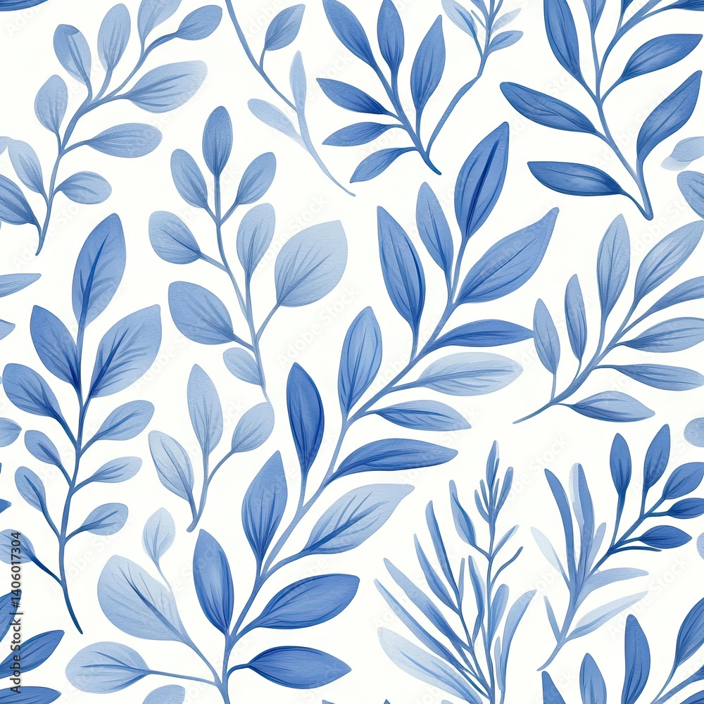Stylized Blue Floral and Leaves Seamless Pattern on White Background Stylized Blue Floral and Leaves Seamless Pattern on White Background