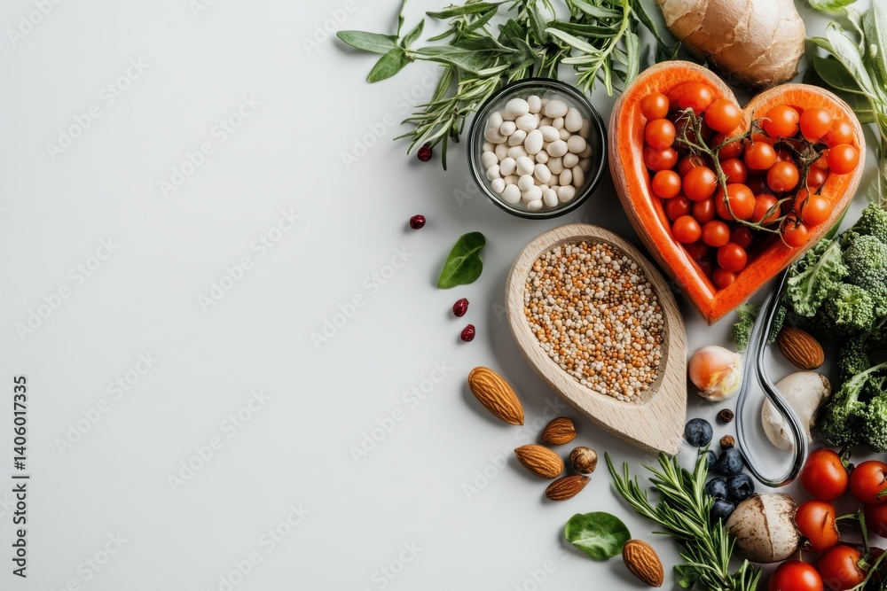 Fresh vegetables and nuts arranged creatively on a table with a heart-shaped bowl of tomatoes Fresh vegetables and nuts arranged creatively on a table with a heart-shaped bowl of tomatoes