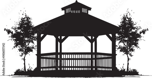 Silhouette of a gazebo surrounded by trees in a tranquil outdoor setting ideal for relaxation.
