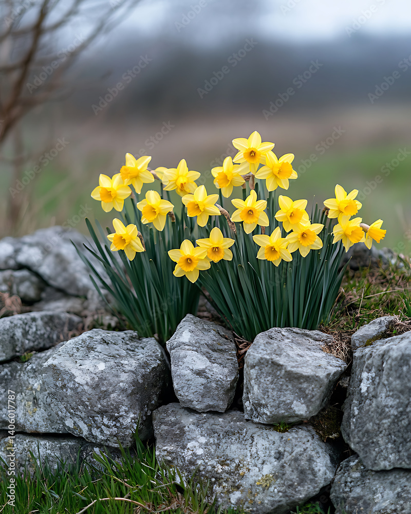 Vibrant yellow daffodils bloom among ancient stones, creating beautiful contrast in serene landscape. flowers symbolize renewal and bring joy to tranquil setting Vibrant yellow daffodils bloom among ancient stones, creating beautiful contrast in serene landscape. flowers symbolize renewal and bring joy to tranquil setting