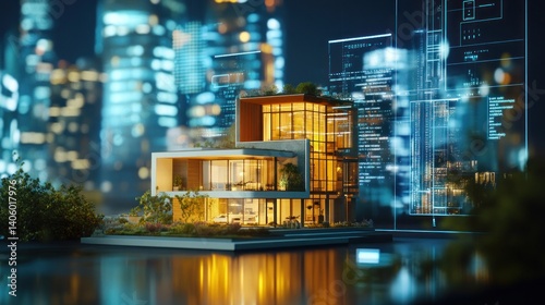 Real estate investment strategy visualized with digital home models and financial graphs.