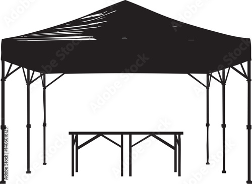 A black silhouette of a folding tent with a table underneath, ideal for outdoor events.