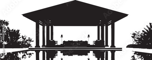 Silhouette of a modern outdoor pavilion with seating area reflecting in a tranquil pool.