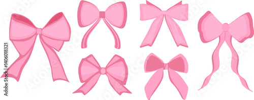 Set of pink flirty vintage satin bows.Y2k aesthetic ribbon, elegant accessory, pastel tie isolated on white background.