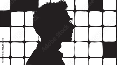 A silhouette of a man in profile against a grid background, representing contemplation and creativity.