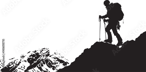 Silhouette of a climber standing on a mountain peak against a scenic backdrop.