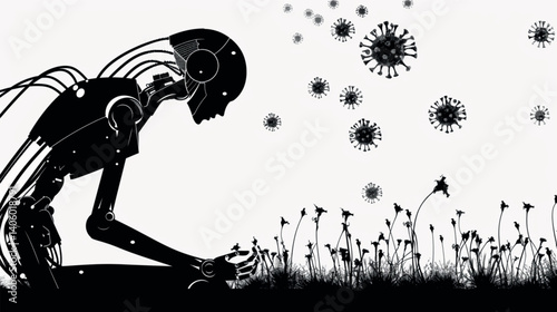 A silhouette of a robot interacting with nature highlighting themes of technology and environment.