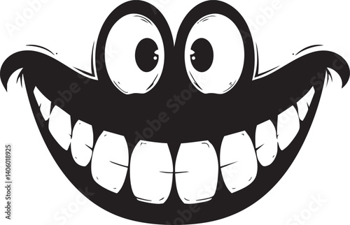 A playful cartoon face featuring a big smile and cheerful expression with large eyes.