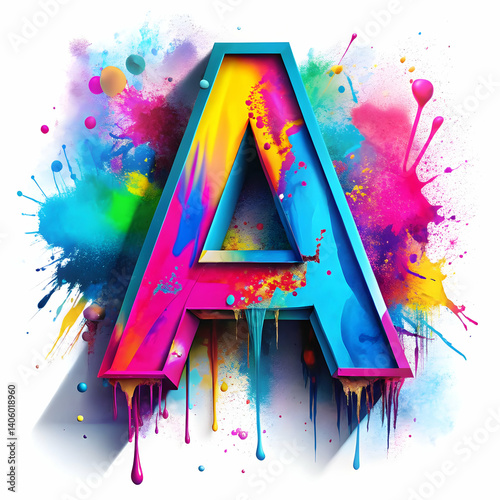 Artistic 3D Letter A with Vibrant Paint Splashes on White Background for Creative Design